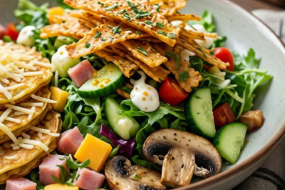 Салат с блинчиками, ветчиной, сыром и грибами &mdash; готовим за 20 минут