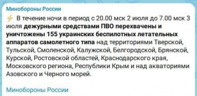 За ночь средства ПВО сбили 155 украинских беспилотников